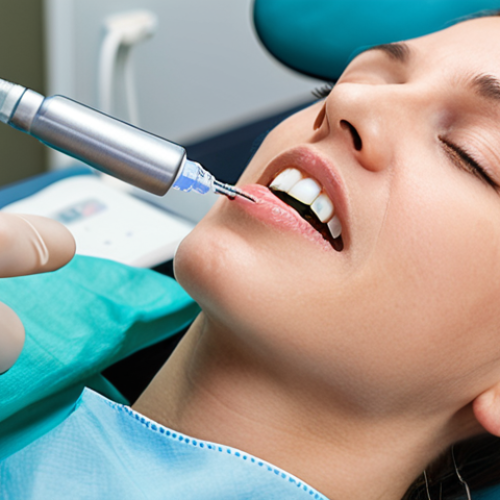 Home 4 **Image Prompt:** A close-up photo of a dentist gently administering local anesthesia to a patient, using modern equipment like a thin needle or computer-controlled injection system, emphasizing comfort and minimal pain. The background should be a clean and modern dental office.