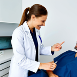 A female professional dentist in a modest, clean dental scrub and a white lab coat, engaging in an empathetic consultation with a fully clothed adult patient in a modern, brightly lit European dental clinic. The dentist is explaining a treatment plan clearly, with a natural, reassuring expression, fostering trust. The background features a modern dental chair and state-of-the-art, clean dental equipment. perfect anatomy, correct proportions, natural pose, well-formed hands, proper finger count, natural body proportions, safe for work, appropriate content, fully clothed, professional dress, high quality, family-friendly.