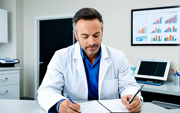 Professional Dentist Reviewing Documents**
"A dentist in a modern, well-lit office, wearing a professional lab coat, reviewing patient charts at a clean desk. Focus on professionalism and competence. Safe for work, appropriate content, fully clothed, professional."
**