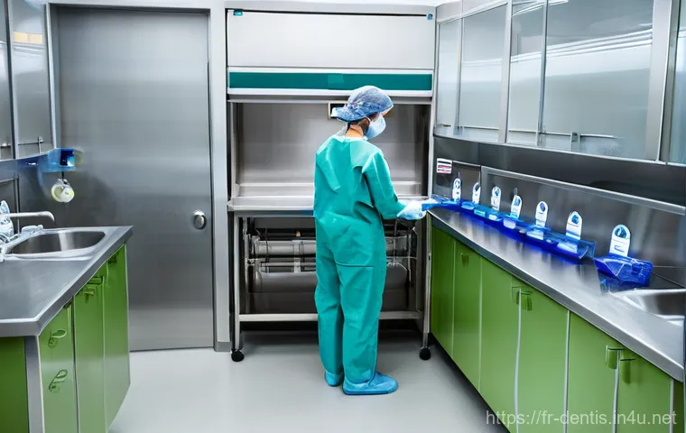 치과 진료실에서의 감염 관리 요령 - **Prompt 1: Cutting-Edge Sterilization Lab**
A bright, ultra-modern dental office sterilization ...