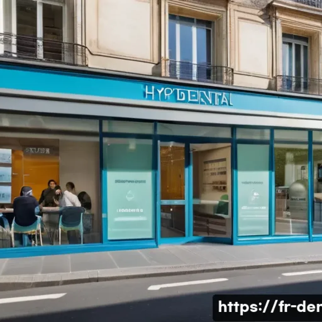 치과 개원 지역 선정 가이드 - A modern dental clinic exterior located on a bustling Parisian street, featuring large glass windows...