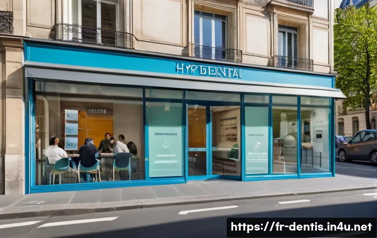 치과 개원 지역 선정 가이드 - A modern dental clinic exterior located on a bustling Parisian street, featuring large glass windows...