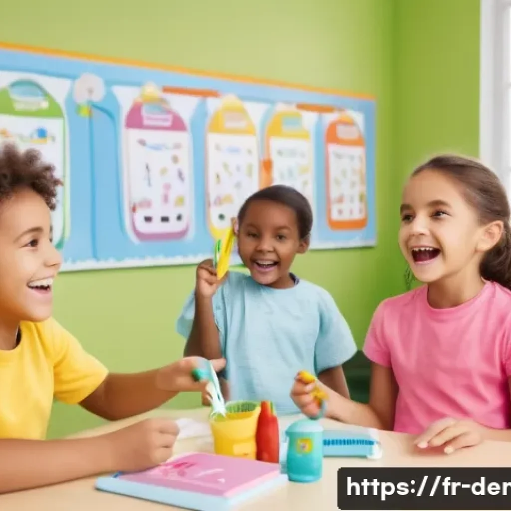 치과의사로서의 사회적 기여 방안 - A cheerful kindergarten classroom scene in a French school, featuring young children aged 4-6 wearin...