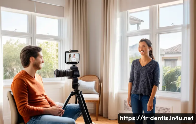 치과 교정 치료 전후 사진 촬영 팁 - A professional orthodontic photo session setup in a bright, naturally lit room typical of a French h...