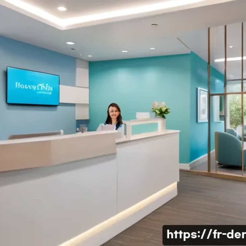 치과 환자 유지와 리텐션 방법 - A modern dental clinic reception area designed to be warm and welcoming, featuring a friendly recept...