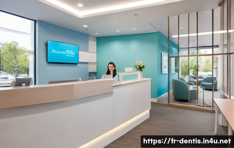 치과 환자 유지와 리텐션 방법 - A modern dental clinic reception area designed to be warm and welcoming, featuring a friendly recept...