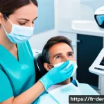 Home 21 치과 진단 실무에서의 핵심 포인트 - A modern dental clinic scene in France, showcasing a dentist attentively examining a middle-aged Fre...