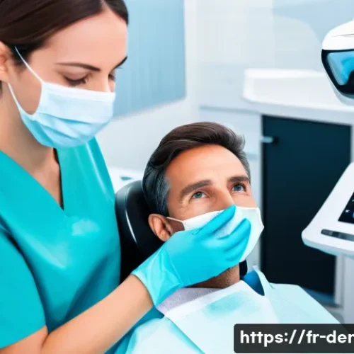 Home 33 치과 진단 실무에서의 핵심 포인트 - A modern dental clinic scene in France, showcasing a dentist attentively examining a middle-aged Fre...