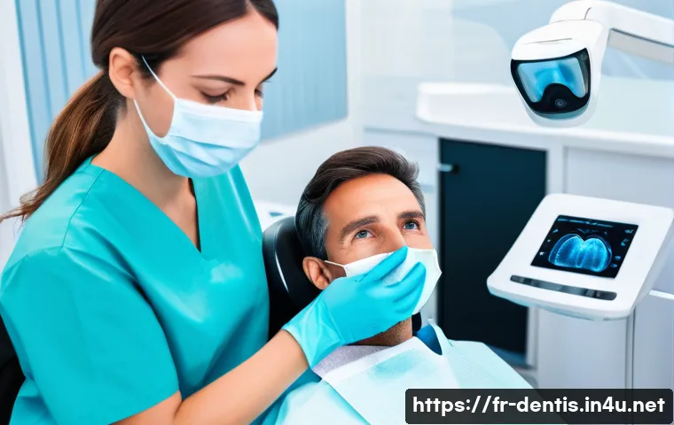 치과 진단 실무에서의 핵심 포인트 - A modern dental clinic scene in France, showcasing a dentist attentively examining a middle-aged Fre...
