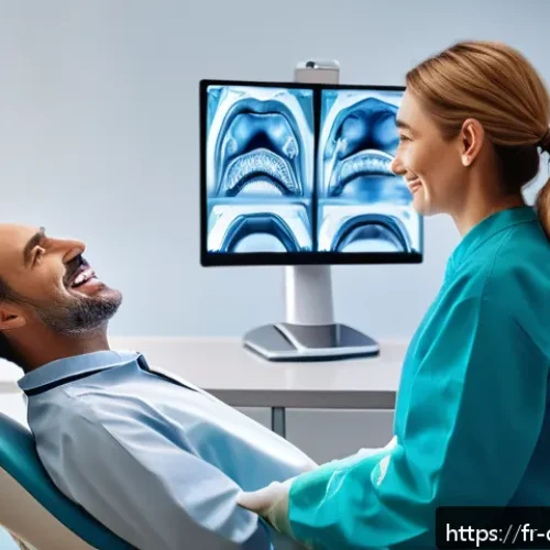 Home 32 치과용 3D 프린팅 활용 사례 - A modern dental clinic interior in Paris featuring a dentist using advanced 3D scanning equipment to...