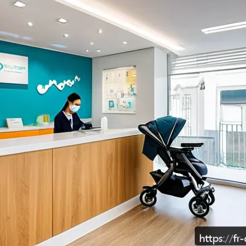 Home 31 치과 병원 홍보 콘텐츠 작성법 - A modern dental clinic reception area in Lyon, France, featuring a friendly dental team of diverse p...