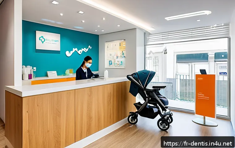 치과 병원 홍보 콘텐츠 작성법 - A modern dental clinic reception area in Lyon, France, featuring a friendly dental team of diverse p...