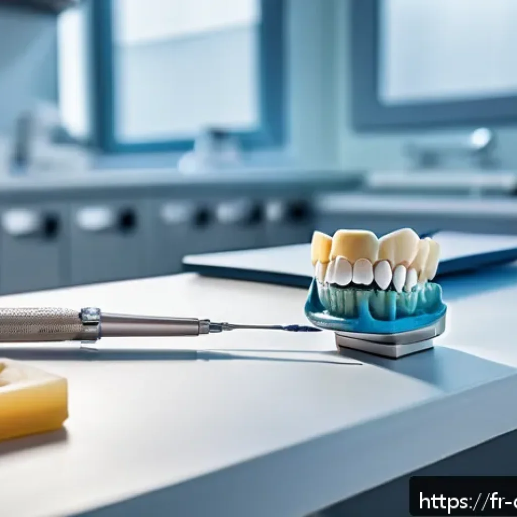 치과 보철물 제작 과정 이해 - A detailed close-up of a dental technician’s workspace in a modern French dental laboratory, showcas...