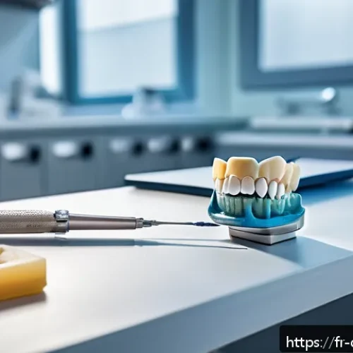 Home 30 치과 보철물 제작 과정 이해 - A detailed close-up of a dental technician’s workspace in a modern French dental laboratory, showcas...