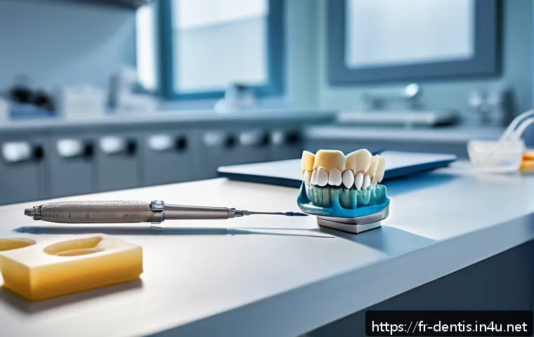 치과 보철물 제작 과정 이해 - A detailed close-up of a dental technician’s workspace in a modern French dental laboratory, showcas...