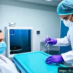 Home 23 치과 감염 예방 장비와 사용법 - A modern dental clinic scene showing a dentist and dental assistant wearing high-quality blue nitril...