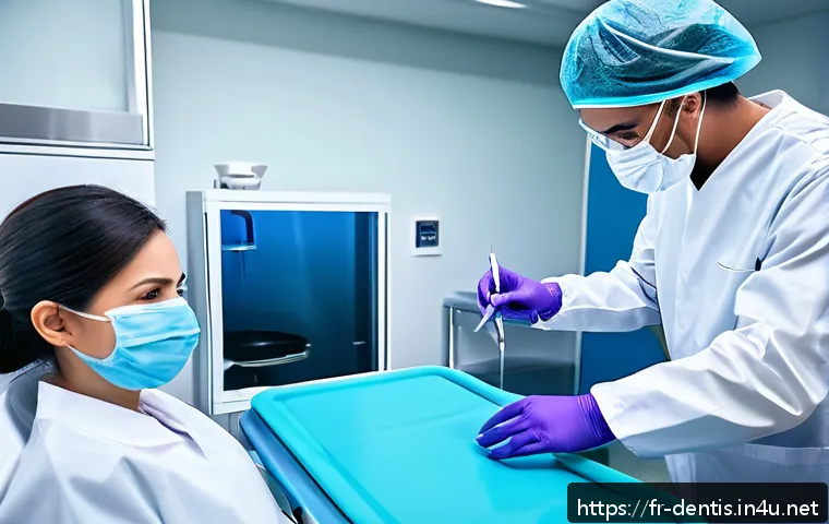 치과 감염 예방 장비와 사용법 - A modern dental clinic scene showing a dentist and dental assistant wearing high-quality blue nitril...