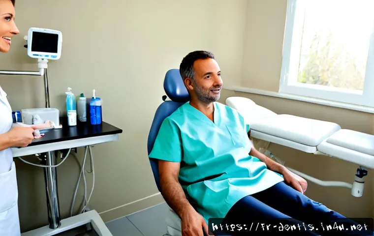 치과 치료 중 환자 불만 대처법 - Photorealistic French dental clinic consultation, calm middle-aged patient seated upright in a denta...