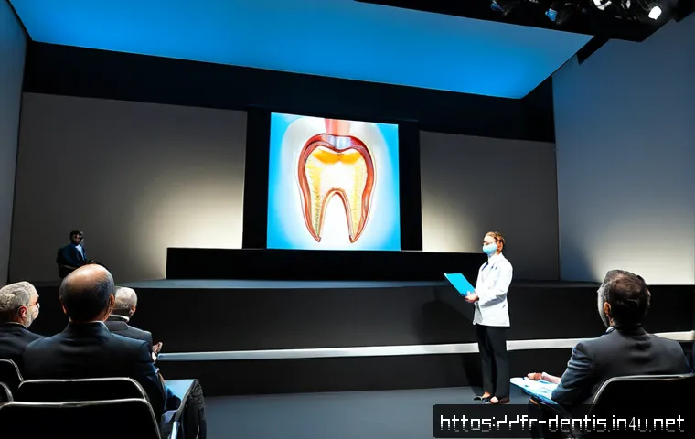 Home 17 치과의사 해외 학회 발표 사례 - Photorealistic French dentist presenting clinical research at an international dental conference in ...